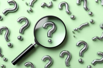 Silver question marks scattered on a light green surface, one under a magnifying glass