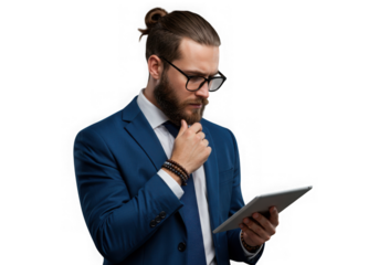Man in blue suit with glasses using tablet isolated on transparent background