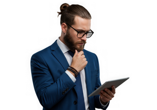 Man in blue suit with glasses using tablet isolated on transparent background