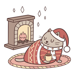 Cartoon cat in Christmas sweater sleeping near fireplace with cup of hot chocolate and Christmas tree, ideal for warm festive pet scenes and seasonal holiday greeting card designs