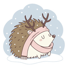 Hedgehog in reindeer antlers and pink scarf enjoying snowy winter wonderland, suitable for festive wildlife scenes and holiday greeting card designs for Christmas or New Year themes