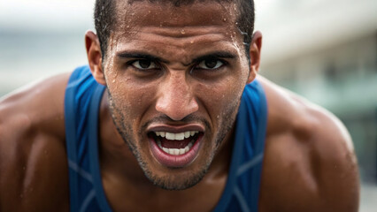 Inclusive fitness values diversity and participation. Intense athlete focused on performance, showing determination and sweat during training.