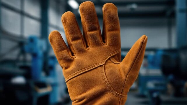 Orange work glove in a industrial environment close up shot