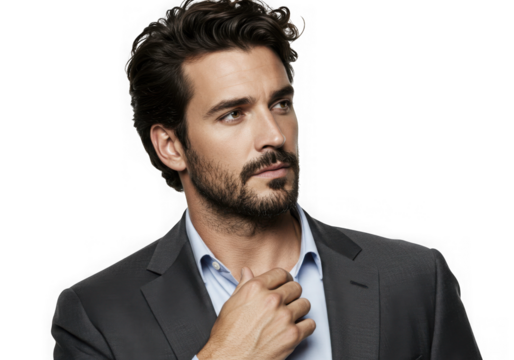 Man in suit adjusting collar isolated on transparent background