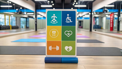 Inclusive fitness values diversity and participation. Fitness icons displayed in a gym studio, highlighting various activities and accessibility features.
