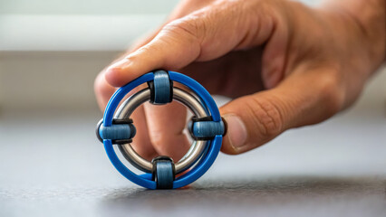 Inclusive fitness values diversity and participation. Hand holding a unique circular object with metal rings and blue accents, set against a textured surface.