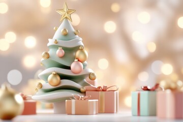Festive christmas tree with gold ornaments and gifts in cozy holiday setting
