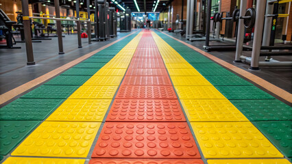 Inclusive fitness values diversity and participation. Vibrant gym flooring with textured patterns in bright colors including yellow, green, and red.