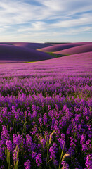 Obraz premium Expansive Fields of Purple Flowers Blanketing Rolling Hills Under a Clear Sky
