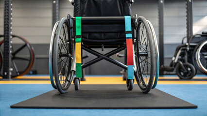 Inclusive fitness values diversity and participation. Wheelchair on a gym mat, emphasizing accessibility and inclusivity in fitness environments.