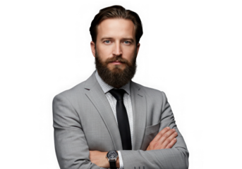 Man in gray suit with beard arms crossed isolated on transparent background