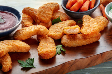Chicken nuggets with fresh vegetables and dips, a close-op on a wooden board