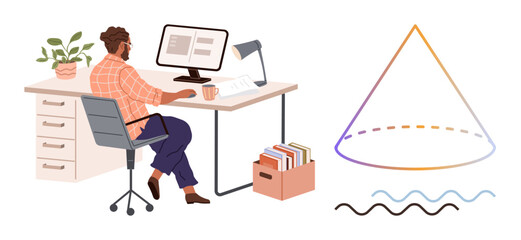 Professional sitting at desk with computer, organized workspace, geometric cone and wavy lines. Ideal for work-life balance, creativity, analysis, productivity, innovation, design simple flat