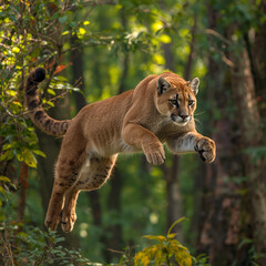Naklejka premium A puma in mid-air, captured in dynamic pose with its legs outstretched and claws extended, jumping through a lush, vibrant forest