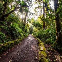 Lush path through tropical forest