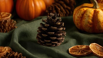 Still life of autumnal elements pine cone centerpiece surrounded by pumpkins and dried orange slices