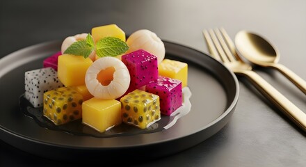 Close-up shot of a plate of assorted fruit cubes with lychee, mango, dragon fruit, and passionfruit, arranged with mint on a dark plate with gold utensils on a dark background.
