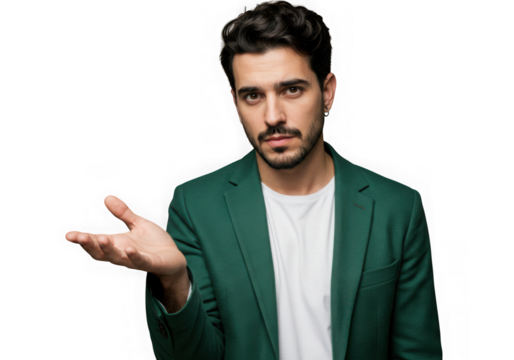 Man in green jacket holding hand out isolated on transparent background