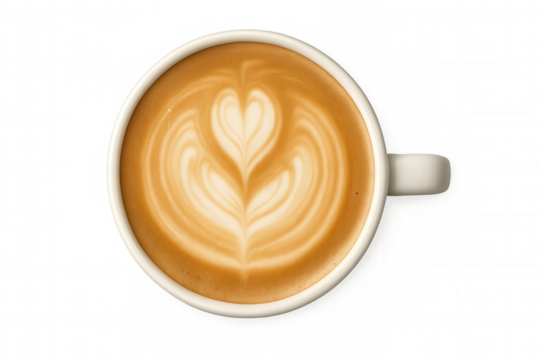 Coffee latte art cup with a heart shape, hot morning drink, top view on transparent background