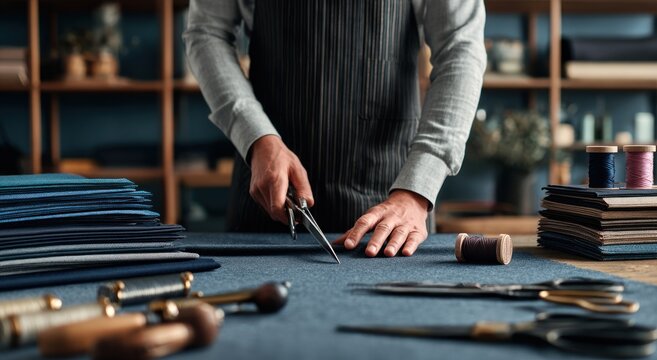 Tailor cuts fabric with scissors on a wooden table in a workshop, close-up view