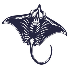 Monochrome vector showing skeletal structure of manta ray, highlighting unique anatomy and cartilaginous framework for educational or scientific use.