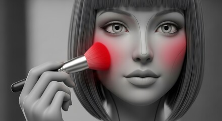 Woman applies red blush to cheeks with makeup brush