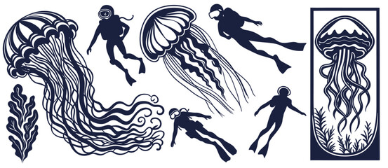 Silhouettes of scuba divers navigating ocean depths, discovering graceful jellyfish and swaying seaweed, create enchanting underwater scene filled with marine wonder