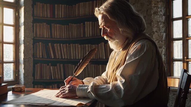 Man writing with quill at desk. Old writer composes script in vintage library. Historian studies book and records notes while focused. Warm light creates quiet study atmosphere. Calm portrait study.