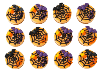 Spooky Halloween Treats: Spiderweb and Bat Cookies with Candy Corn on White Background