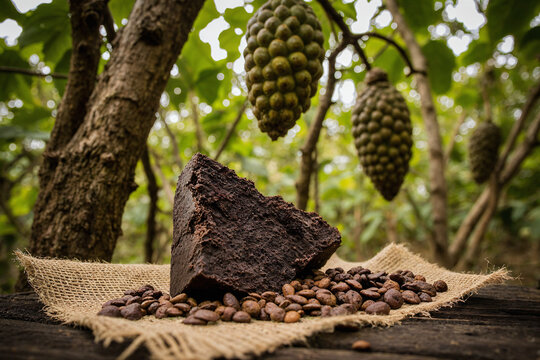 Bloque de cacao con granos sobre tela de yute en plantaci&oacute;n de cacao