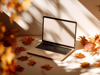  Laptop surrounded by colorful autumn leaves on light background, creating cozy fall atmosphere with soft sunlight.