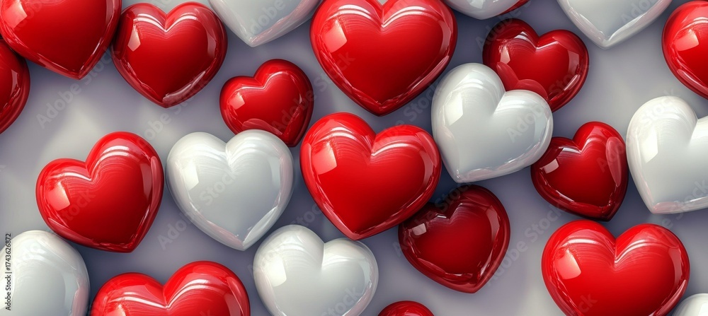 Sticker elegant pattern of realistic 3d glossy hearts in red and white on a soft light grey background