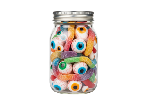 Jar of Spooky Gummy Eyeballs & Worms: A Colorful Halloween Candy Treat