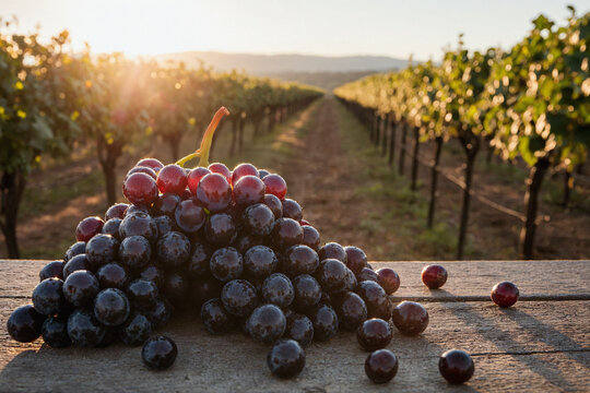 Racimo de uvas moradas frescas sobre mesa de madera en vi&ntilde;edo al atardecer