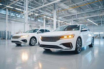Modern white sedans in automotive workshop
