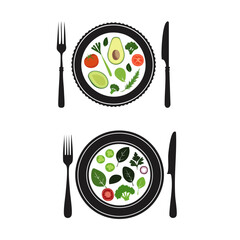 Silhouette of a meal plate with fork and knife representing healthy eating, dieting, and nutrition balance.