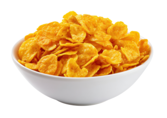 Breakfast Cereal Bowl: A close-up shot of a bowl brimming with golden, crispy cereal flakes, a familiar and delightful breakfast staple.