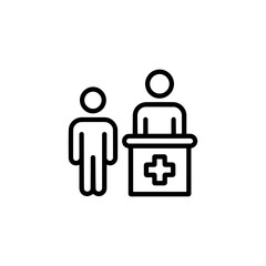 Vector art of line art icon showing a person at a reception desk with a cross symbol