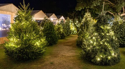 Fototapeta premium Stunning Christmas tree market filled with decorated trees and twinkling lights during the holiday season