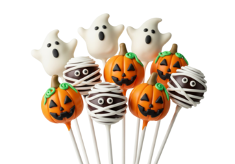 Spooky Sweet Delights: Assorted Halloween Cake Pops featuring Ghosts, Pumpkins, and Mummies on Sticks, Isolated on White