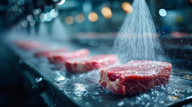 Freshly Cut Meat Being Sprayed with Water in a Processing Facility Environment