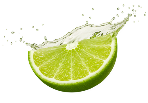 A fresh lime wedge with juice visibly splashing out, highlighting the vibrant green rind and juicy segments, isolated on white or transparent background. PNG