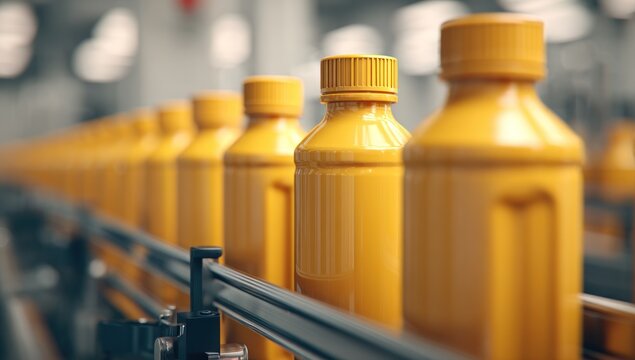 Yellow beverage bottles move along a conveyor belt in a factory, close-up focus