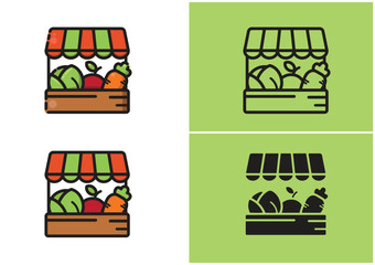 Cartoon vector illustration of a vegetable market stall with fresh produce. Includes colorful, outline, and solid versions. Perfect for food, grocery, organic, and farming designs.