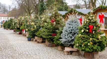 Festive Christmas tree market featuring beautifully decorated trees for the holiday season