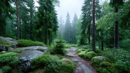 Obraz premium Lush Green Mossy Forest Cinematic HDR Landscape with Stone Path and Sunlight