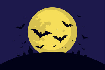 Halloween night with bats flying around a large full moon over silhouetted buildings