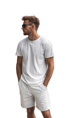 Fototapeta premium Stylish Man with Sunglasses: A handsome man in sunglasses, exuding casual confidence, strikes a pose against a clean, bright backdrop, dressed in a classic white tee and shorts.