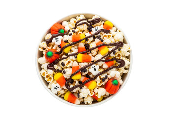 Festive Halloween Popcorn Mix with Candy Corn, Pumpkin Candies, and Chocolate Drizzle