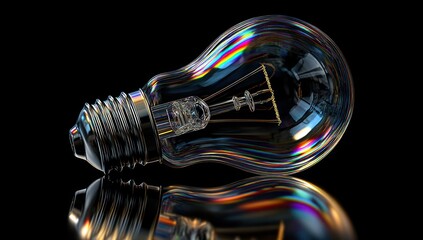 A clear lightbulb with iridescent reflections, lying on a reflective black surface